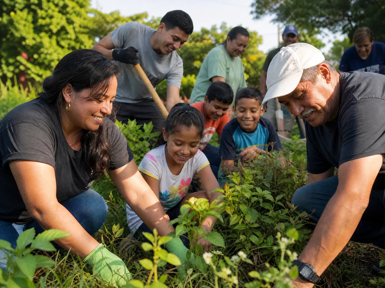 A multi-generational Latin American community collaborating in service.